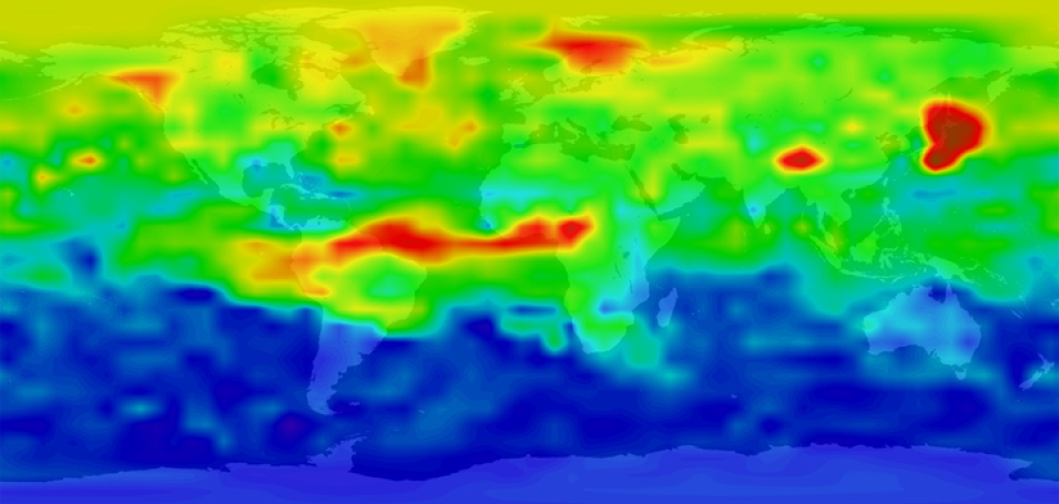 Data visualization of global carbon monoxide levels using MOPITT data, with orange and red areas indicating higher levels.