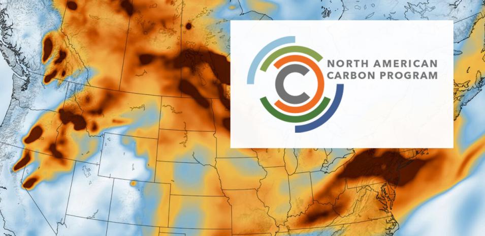 The text North American Carbon Program is superimposed above a data visualization of atmospheric pollutant concentration over North America, with dark red indicating the highest concentrations.