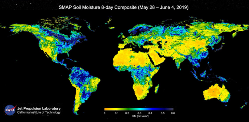 This graphic shows global soil moisture measurements from SMAP for May 28 through June 4, 2019.