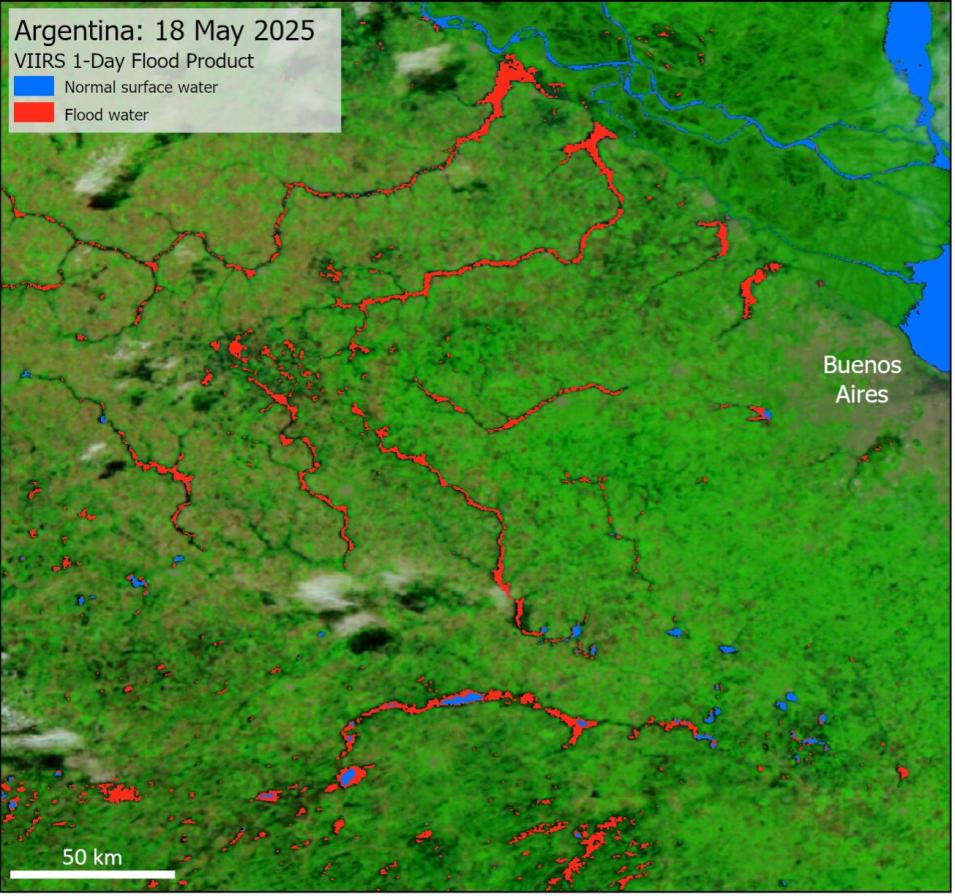 VIIRS 1-day flood product for May 18, 2025, showing flooding in Buenos Aires province, Argentina.