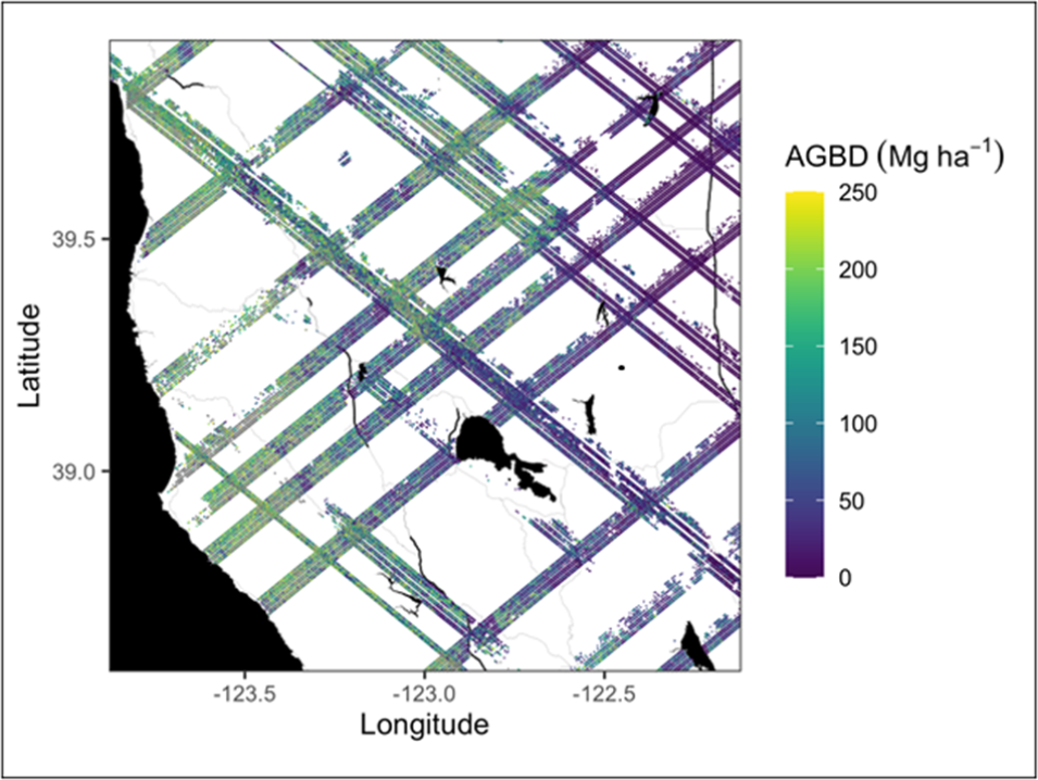 This graphic shows patters of GEDI laser footprints on the surface in the vicinity of product over Northern California.