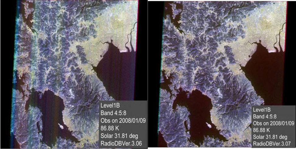Image (A) with striping, which results from radiometric offset errors in SWIR data caused by increasing detector temperature compared with the same image (B) with striping removed by application of updated radiometric correction coefficients. 