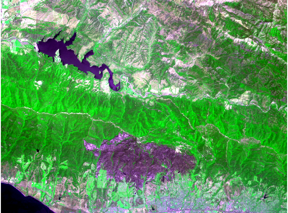 ASTER L1T Pseudo-true color RGB composite showing the Gap Fire (2008) burn scar.
