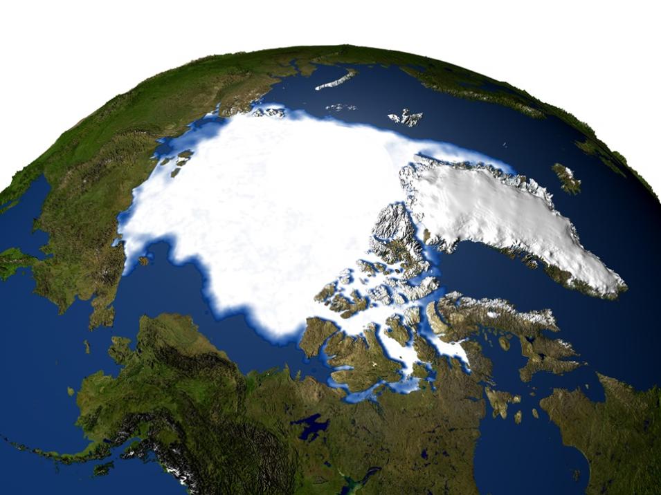 This composite image shows minimum sea ice concentrations over the Arctic Circle for the year 1979.