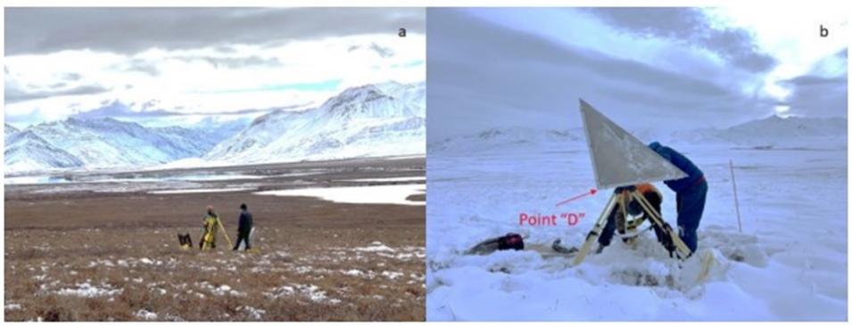 Researchers install 36-in trihedral corner reflectors in Northern Alaska in 2003.