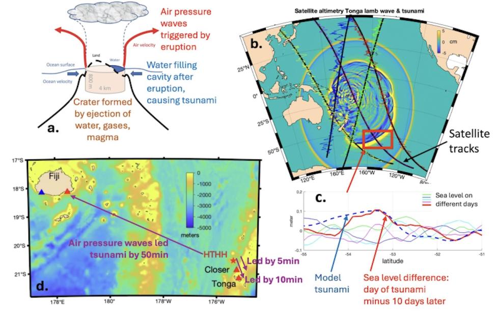 Four graphics arranged in a grid show various information related to the tsunami triggered by the Hunga-Tonga Hunga-Ha′apai volcano eruption.