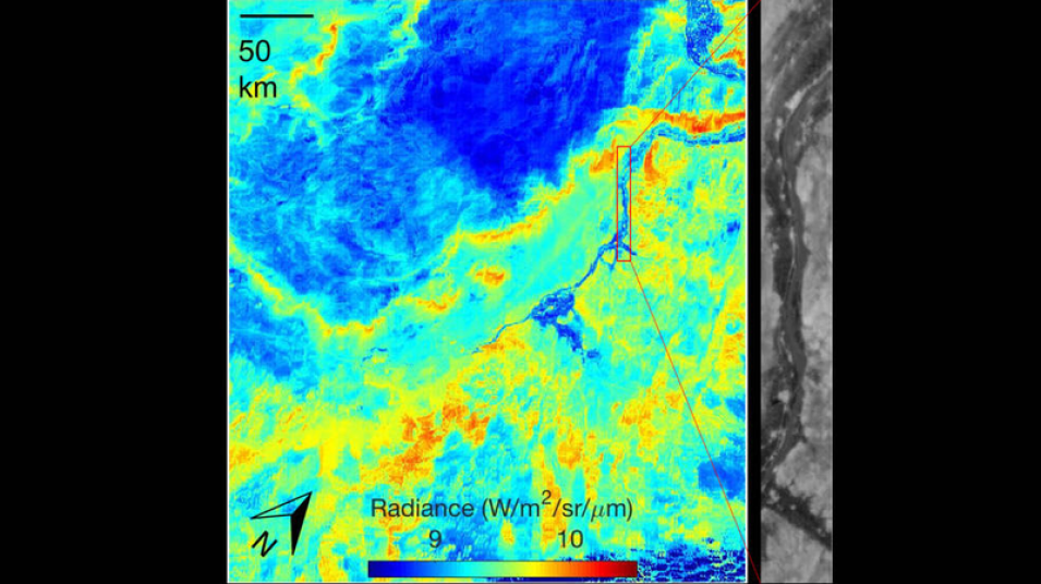 Swirls of bright green, blue, and yellow comprise the first ECOSTRESS image.