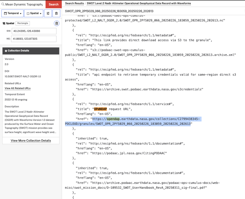 In the Earthdata Search interface, the browser's finder tool is shown within JSON granule data, having located and highlighted an OPeNDAP URL. The URL is the intended selection for the user.