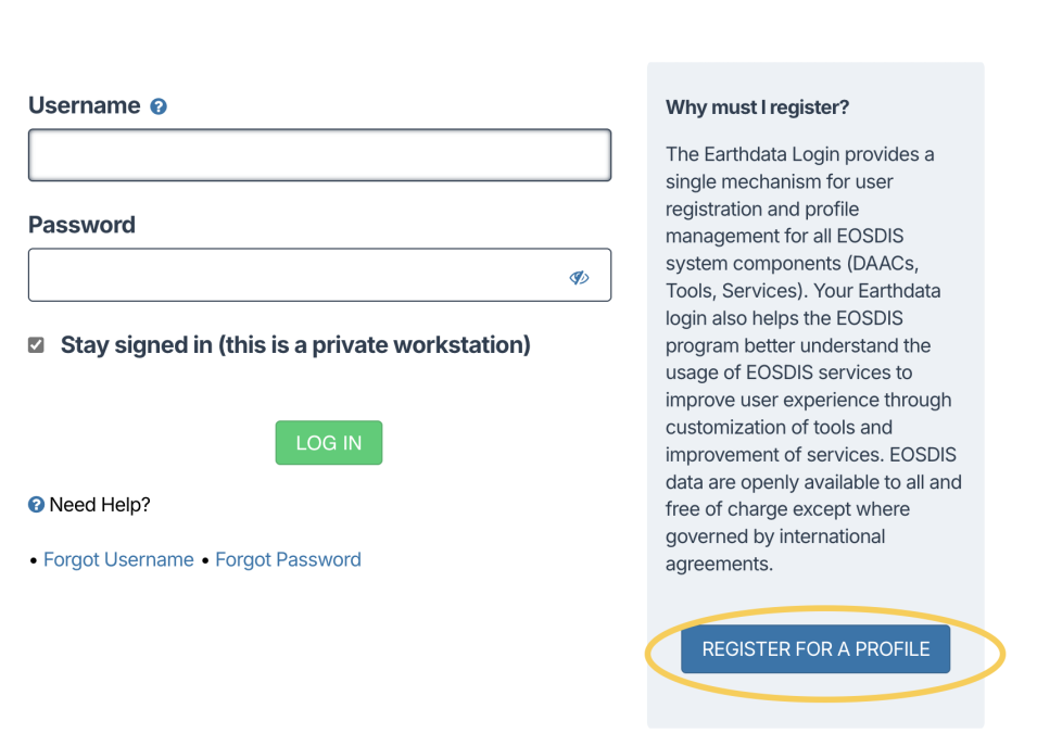 Earthdata Login registration instructions