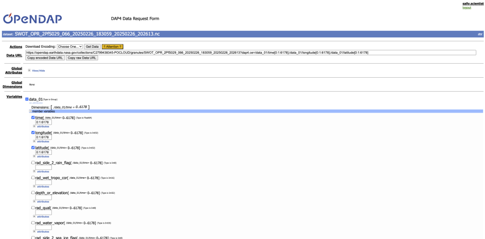 A screenshot of DAP4 data request form showing a list of variables. Certain variables are preselected. Note that "mean dynamic height" is also preselected but is not visible on the current screen due to its position further down the list of available variables.
