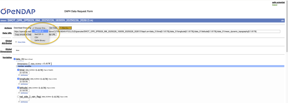 Screenshot of DAP4 Data Request Form highlights the "Choose One" button to the right of "Actions" with a yellow ellipse. This button is used to select the desired data file format, and for this case, NetCDF4 is the format of interest for download. 