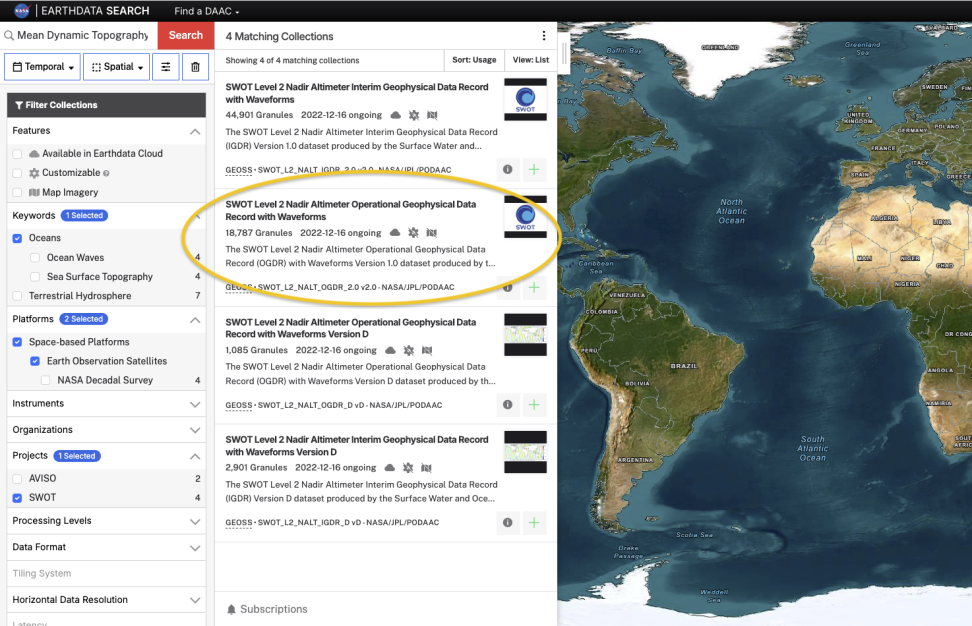 Screenshot of the Earthdata Search interface showing search results for SWOT collections related to ocean dynamic topography. The text highlights "SWOT Level 2 Nadir Altimeter Operational Geophysical Data Record with Waveforms" among four different SWOT collections found using filters.