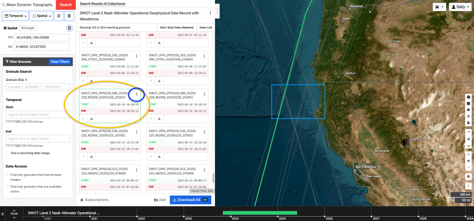 The Earthdata Search interface displays search results. A grey orbital swath (curve) has turned green after scrolling the granule list, signifying its association with a granule relevant to the region of interest. A yellow ellipse highlights this corresponding granule entry, and a blue ellipse indicates three vertical dots for accessing additional granule information.