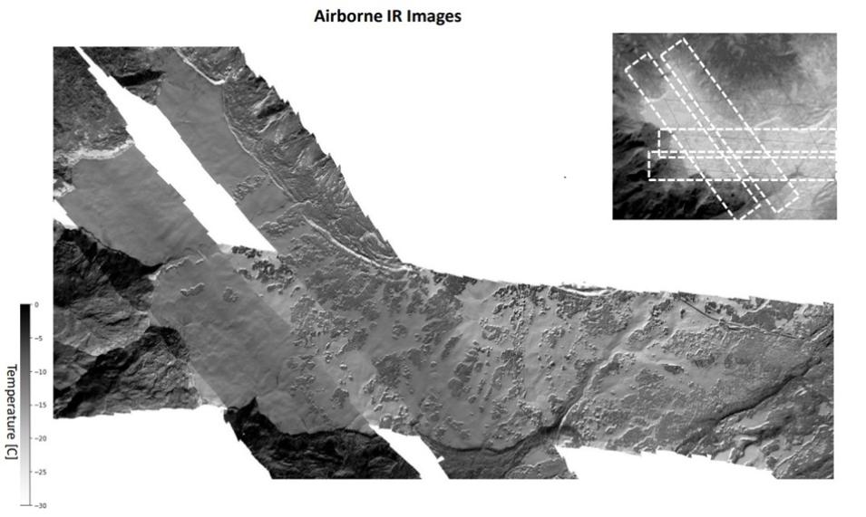 This image from the SnowEx20 field campaign shows temperature data from the UW-APL thermal Infrared imager, which was flown over the study area site several times. This image/data is from one of those flights.