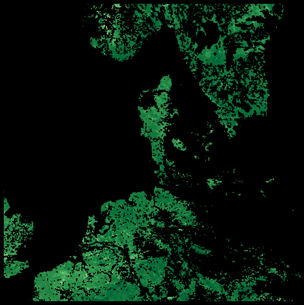 A basic matplotlib plot of the quality filtered, water masked NDVI array centered over Germany and Denmark in Europe.