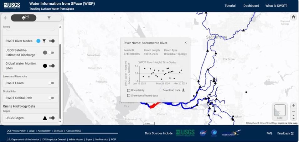 This screen capture from the USGS's Water Information from SPace online application shows what a user might see when using the tool to examine the attributes of a river.