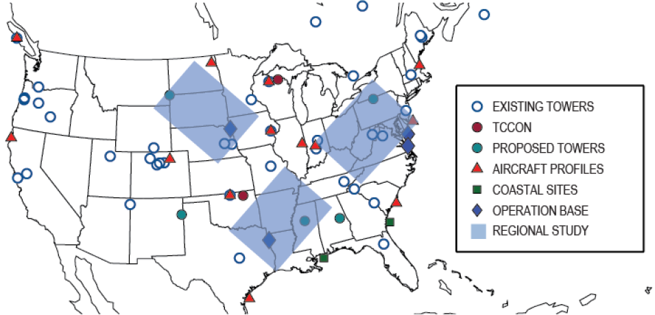 United States map with colored dots and blue boxes indicating ACT-America study areas.