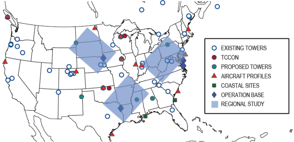 United States map with colored dots and blue boxes indicating ACT-America study areas.