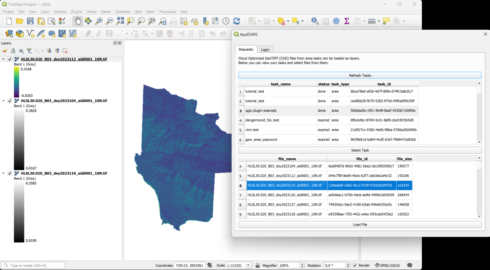 A screenshot of the QGIS application with some raster layers added. The AppEEARS Plugin menu is opened on the right showing previously submitted AppEEARS requests and files associated with the request.
