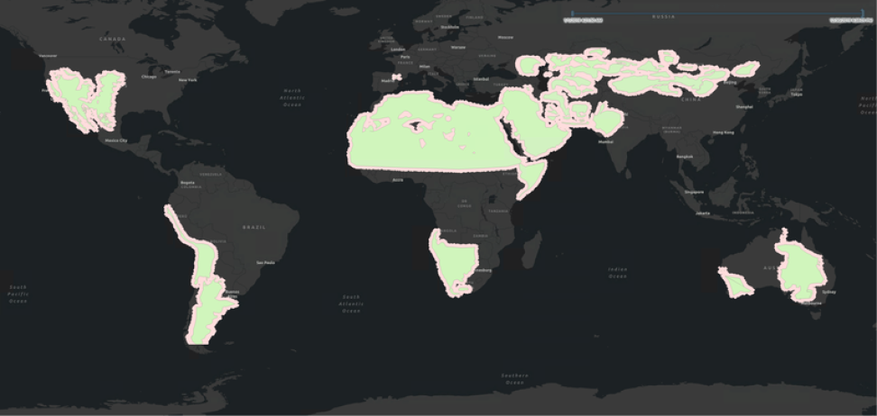 World map showing EMIT coverage areas in light green.
