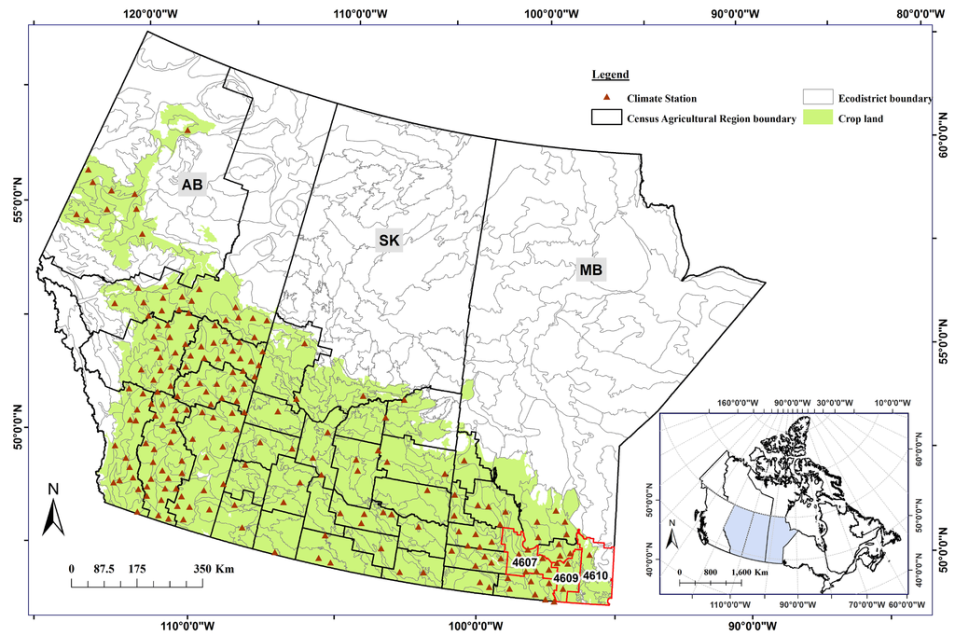 A map of Canada is shaded in green toward the south, indicating crop land, with small red triangles indicating climate stations.