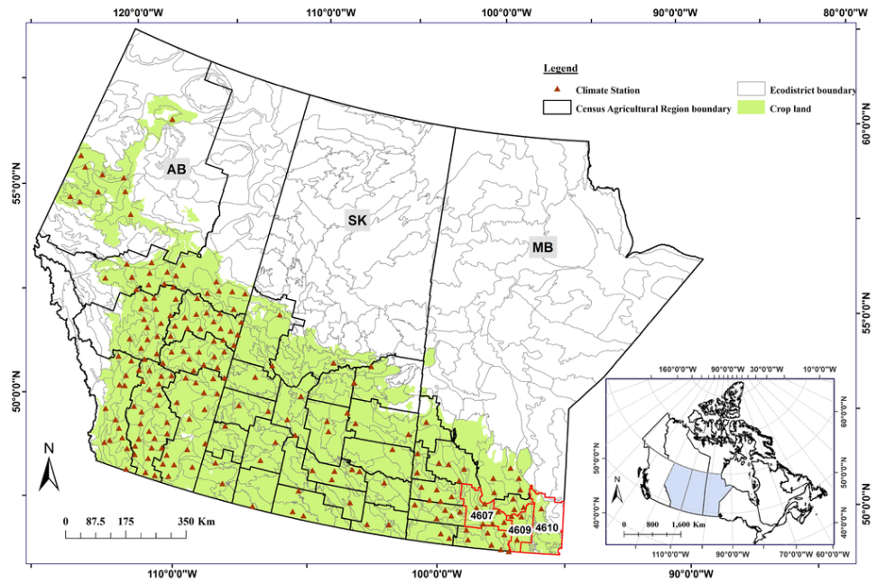 A map of Canada is shaded in green toward the south, indicating crop land, with small red triangles indicating climate stations.