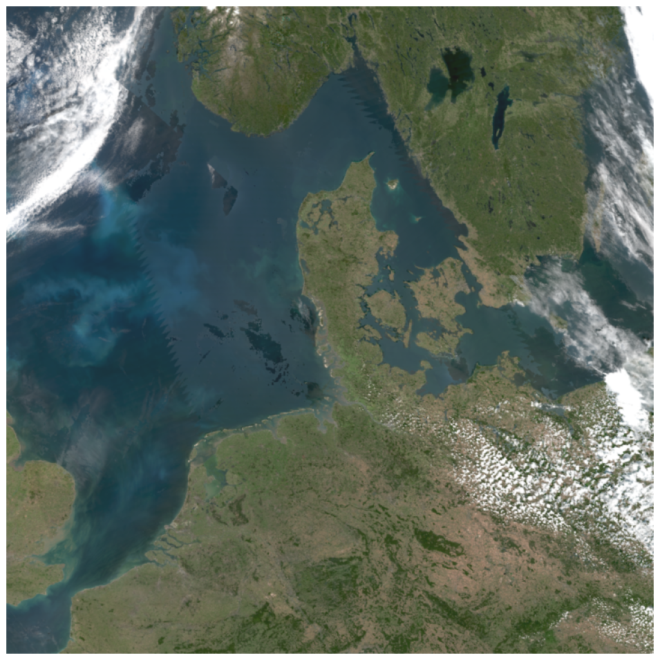 The natural color RGB composite shows some cloud cover over VIIRS tile h18v03. This tile covers parts of England, France, Belgium, the Netherlands, Germany, Poland, Denmark, Norway, and Sweden.