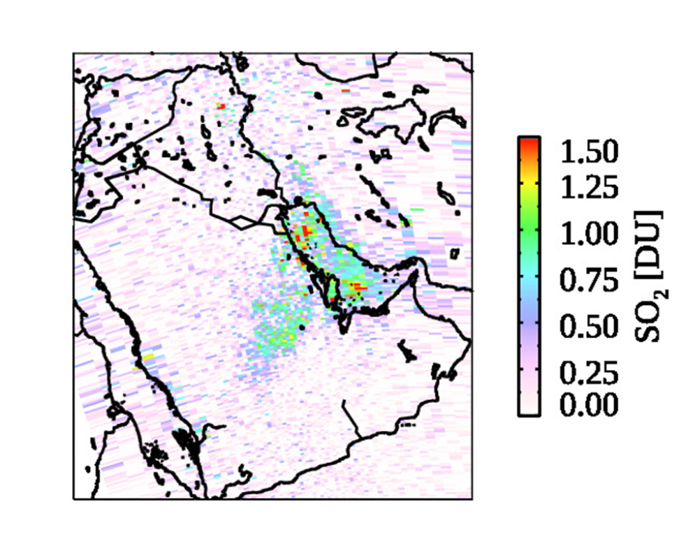 This image shows sulphur dioxide data from the OMI instrument aboard NASA's Aura satellite.