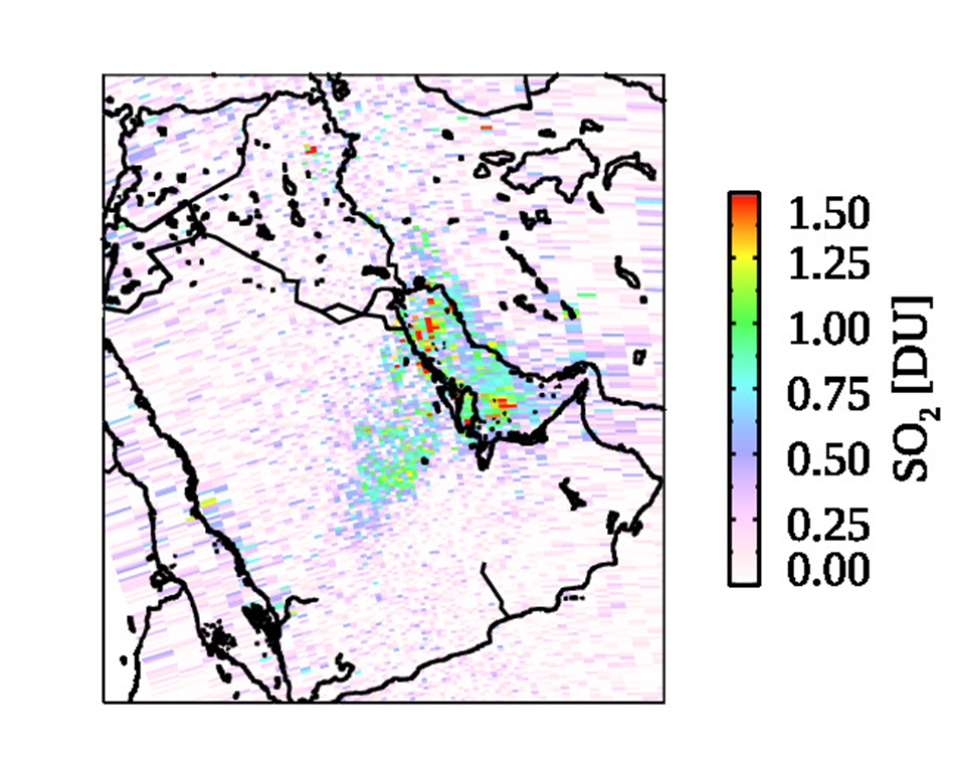 This image shows sulphur dioxide data from the OMI instrument aboard NASA's Aura satellite.