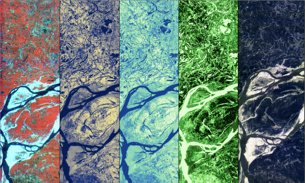Pixxel commercial satellite false color imagery composites of the Ganga River Delta, India. The images were generated with various RGB band combinations across the Visible and Near-Infrared spectrum and used to monitor soil moisture and vegetation health. Credit: Pixxel