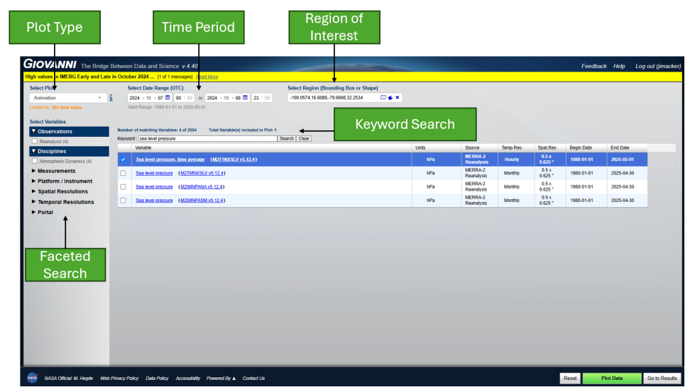 Giovanni dashboard with green "plot data" buttons