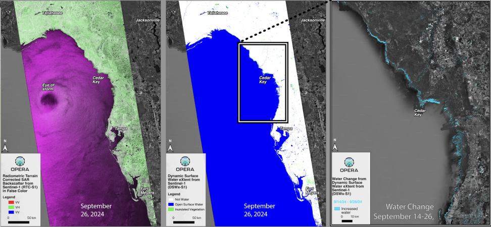 (Left) OPERA Radiometric Terrain SAR backscatter from Sentinel-1, shown here in false color, capturing the eye of Hurricane Helene as a large dark patch in the Gulf of Mexico on September 26, 2024. These data are used as input to create the OPERA Dynamic Surface Water eXtent, DSWx-S1 (center). This SAR-based water product has the key advantage of being able to ‘see’ the surface through cloud cover, which is particularly important during storms. (Right) Differencing OPERA DSWx images from September