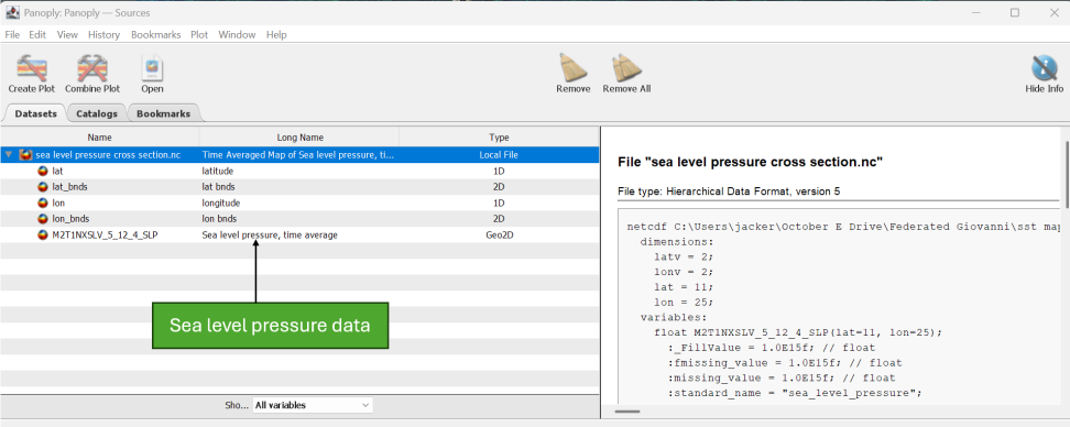 Panoply dashboard showing the sea level pressure file highlighted in green.