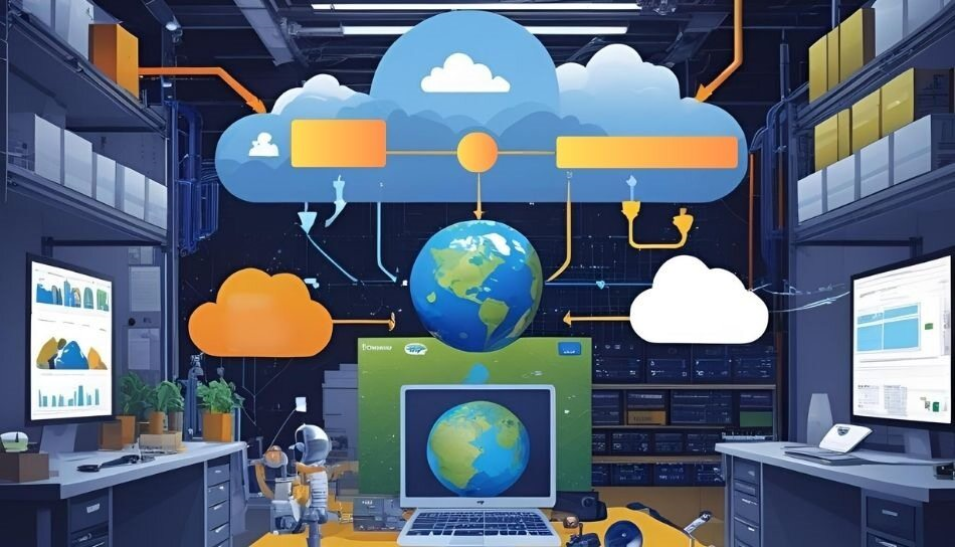 An illustration of an office with cloud computing