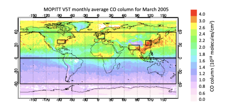 Global map showing MOPITT V5T monthly average carbon monoxide (CO) column for March 2005.