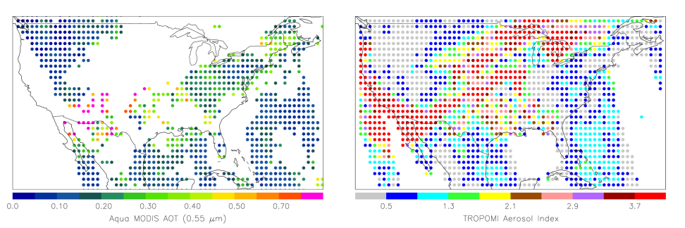 Data visualization of Aerosol Optical Thickness (AOT) from MODIS and Aerosol Index (AI) from TROPOMI.