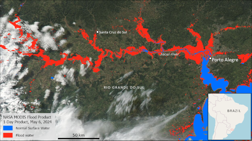 NASA’s Global Flood Product shows extensive flooding in Rio Grande do Sul, Brazil on May 6, 2024, after the devastating heavy rains in the region. The 1-day product is shown here, with flooding in red, and normal surface water in blue.
