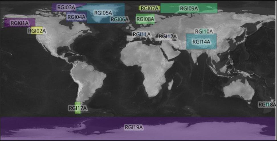 The labels in this image show the approximate locations of the 16 Randolph Glacier Inventory (RGI) Regions.