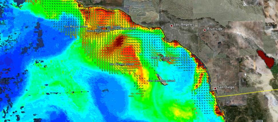 Harmful algal bloom visualized off the California coast.