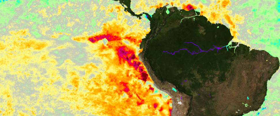 Satellite imagery of sea surface warming off the east coast of South America.