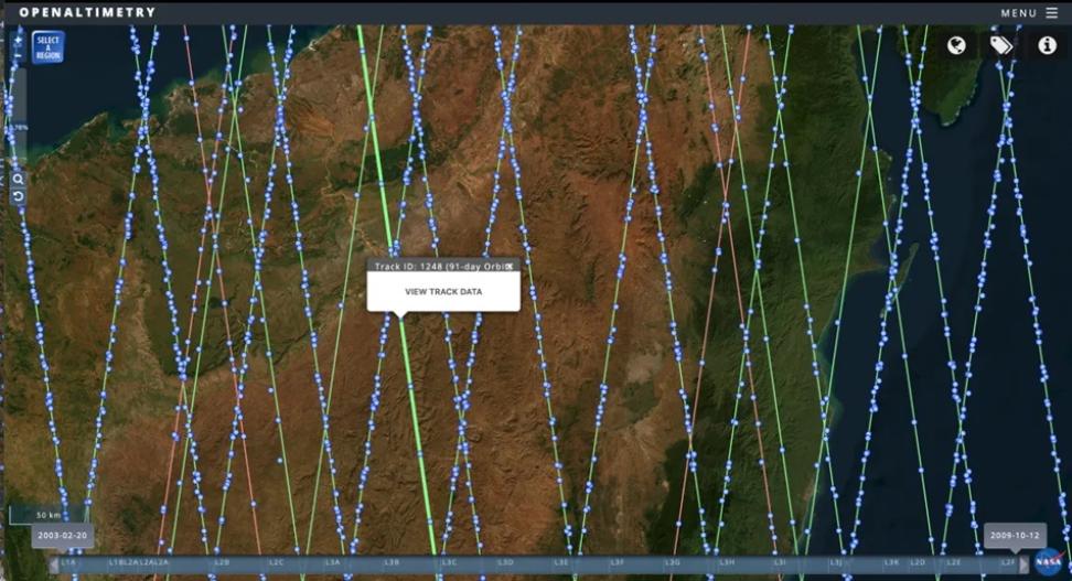 A screen capture from the OpenAltimetry user interface showing the ICESat-2 orbit tracks (lines) and data acquisition points.