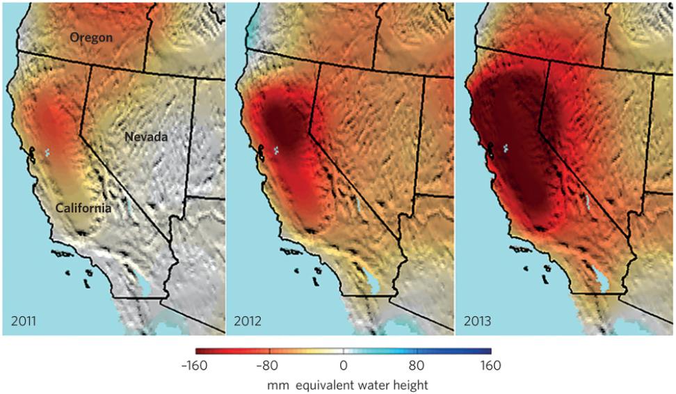 comparison image showwing the depletion of the Central California Aquifer over time