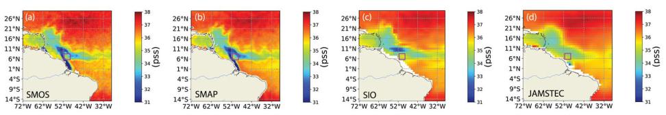 August 2015 sea surface salinity (SSS) maps from (a) SMOS and (b) SMAP satellites, and (c) Scripps Institute of Oceanography (SIO) and (d) Japan Agency for Marine-Earth Science and Technology (JAMSTEC) in-situ products near the mouth of the Amazon River.