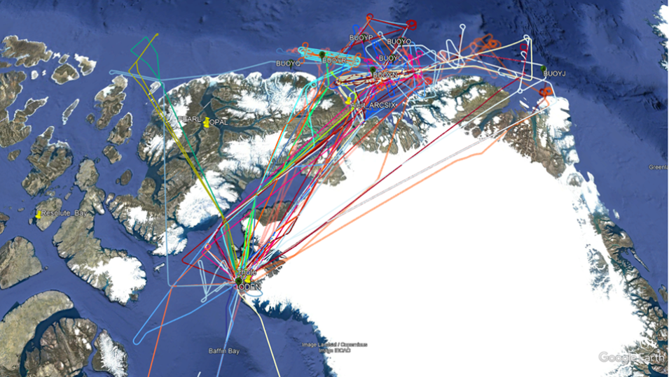 A graphic showing the flight paths (colored lines) during the ARCSIX  field campaign.