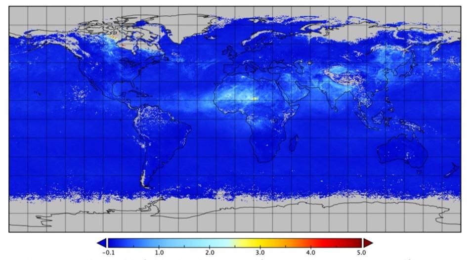 A visualization of global High-Resolution Gridded (HRG) Level 3 Aerosol Optical Depth (AOD) data from the VIIRS instrument aboard the NOAA-20 satellite for the month of May 2025. 