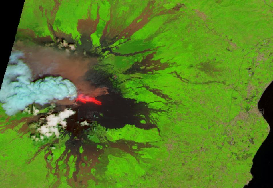 This HLS 30-meter reflectance vegetative false color (Bands 11, 8A, and 4) image from NASA Worldview showing the eruption of Mt. Etna on June 2, 2025. 