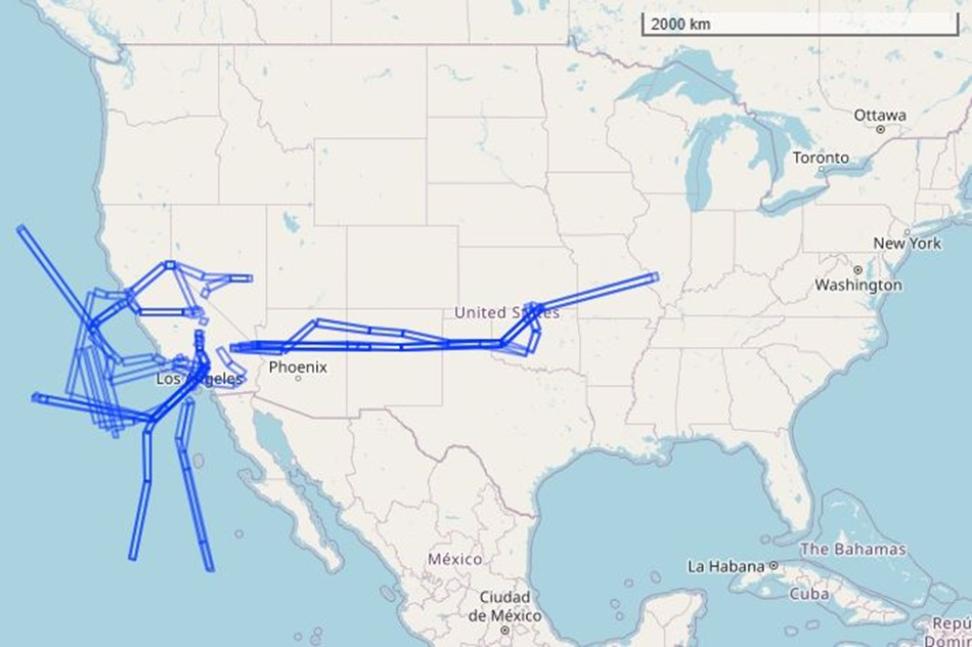 This map shows flight tracks over U.S. and eastern Pacific Ocean (represented as rectangular polygons) during the MASTER campaign.