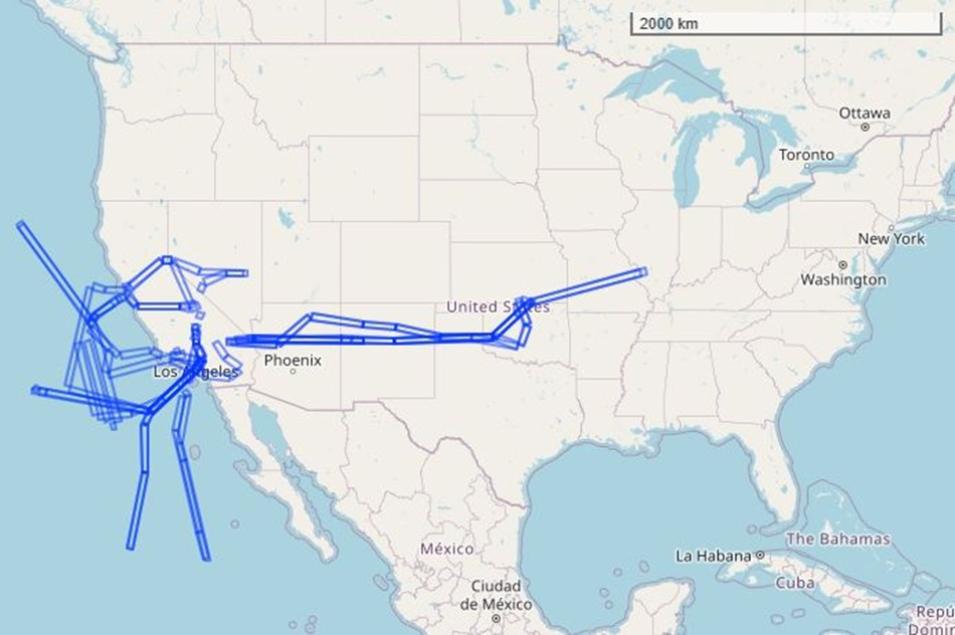 This map shows flight tracks over U.S. and eastern Pacific Ocean (represented as rectangular polygons) during the MASTER campaign.