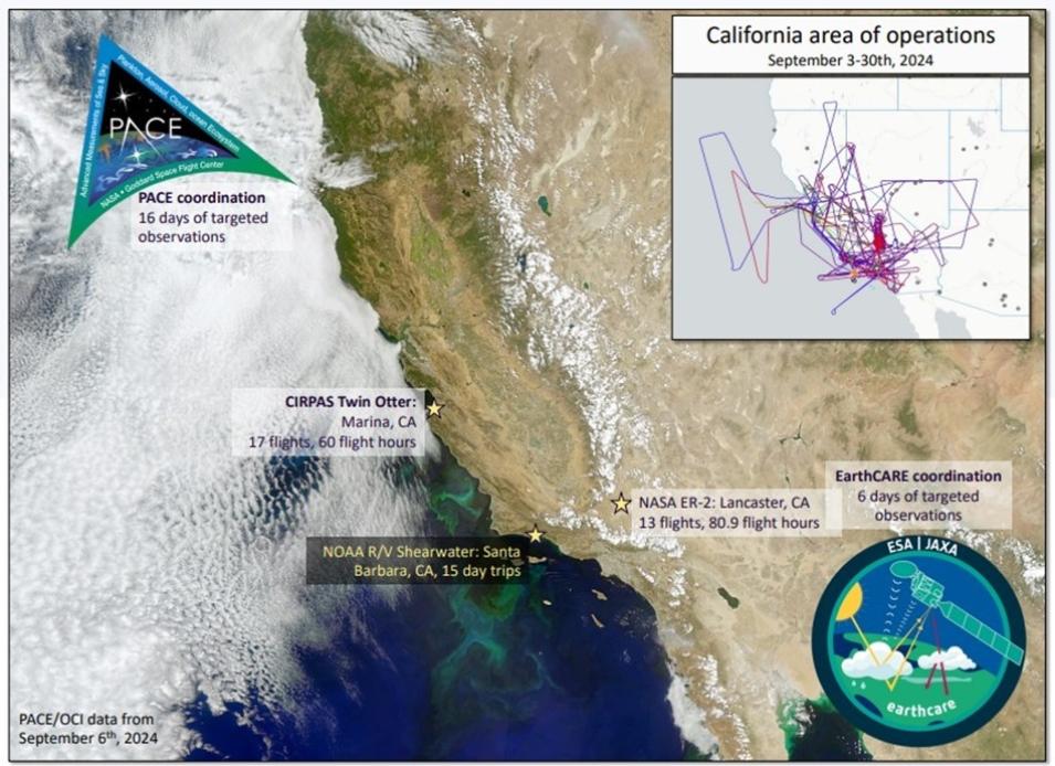 A map showing the locations of the NASA ER-2 an CIRPAS Twin Otter aircraft flights over southern California and along the West Coast during the PACE-PAX campaign.