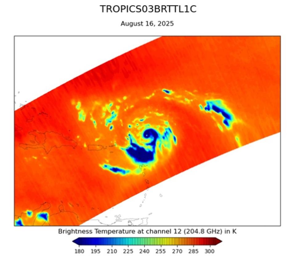 A graphic from the TROPICS mission showing Level 1C brightness temperature data during Hurricane Erin.